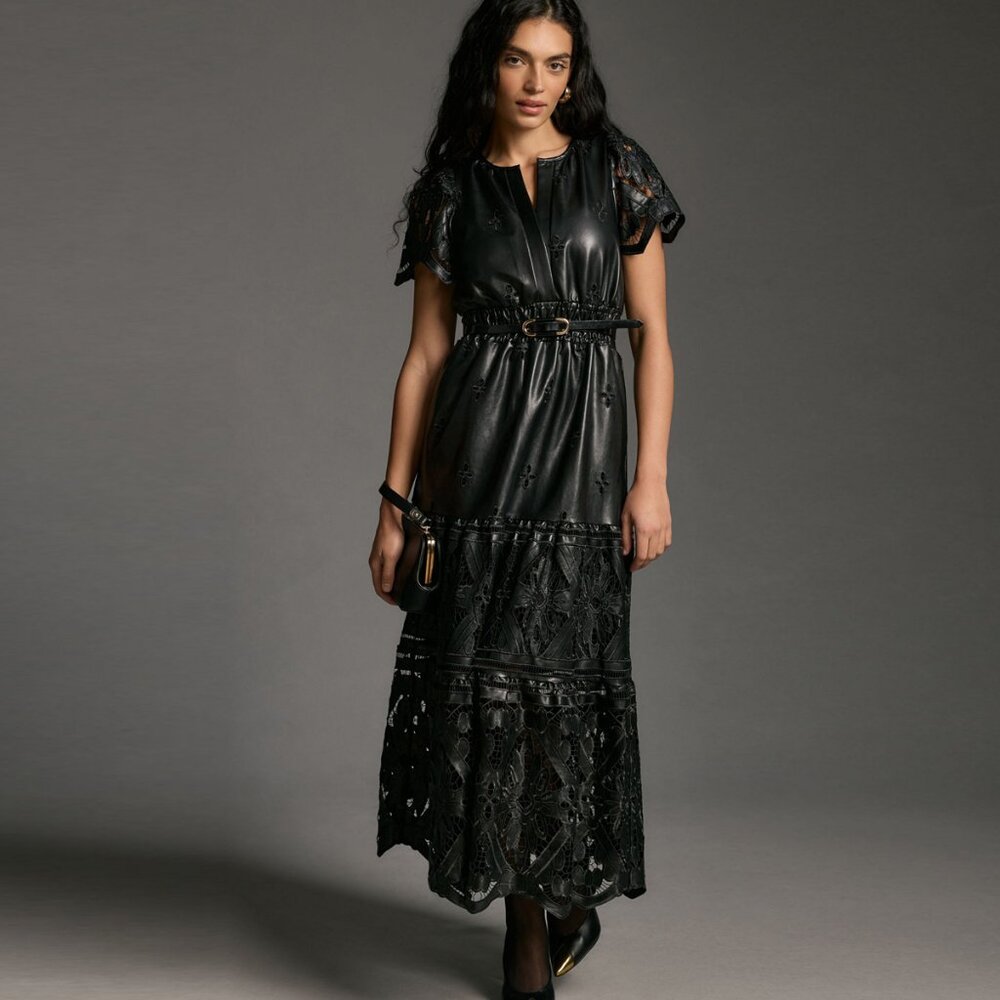 🖤 Anthropologie Somerset Maxi Dress – Faux Leather with Lace Cutouts – Size L